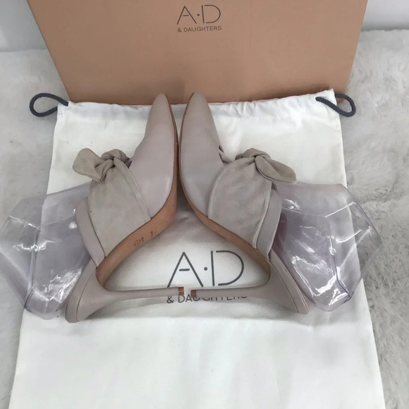 A + D Daughters Luxury Leather Mule Bow Heels Soft Taupe Neutral Party Size 7 - Picture 5 of 10
